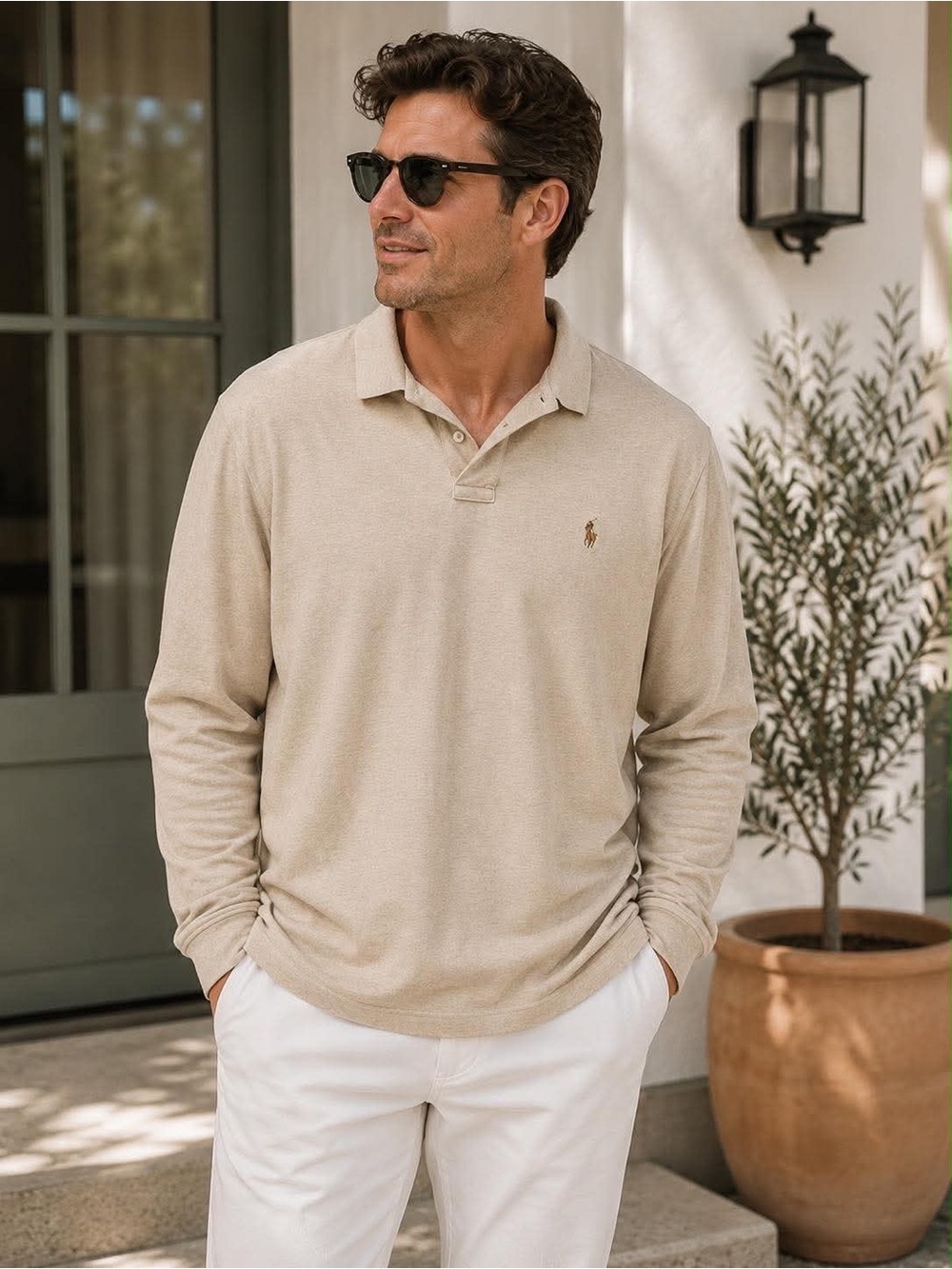 Polo Long-Sleeve Collared Shirt – Beige |XL|